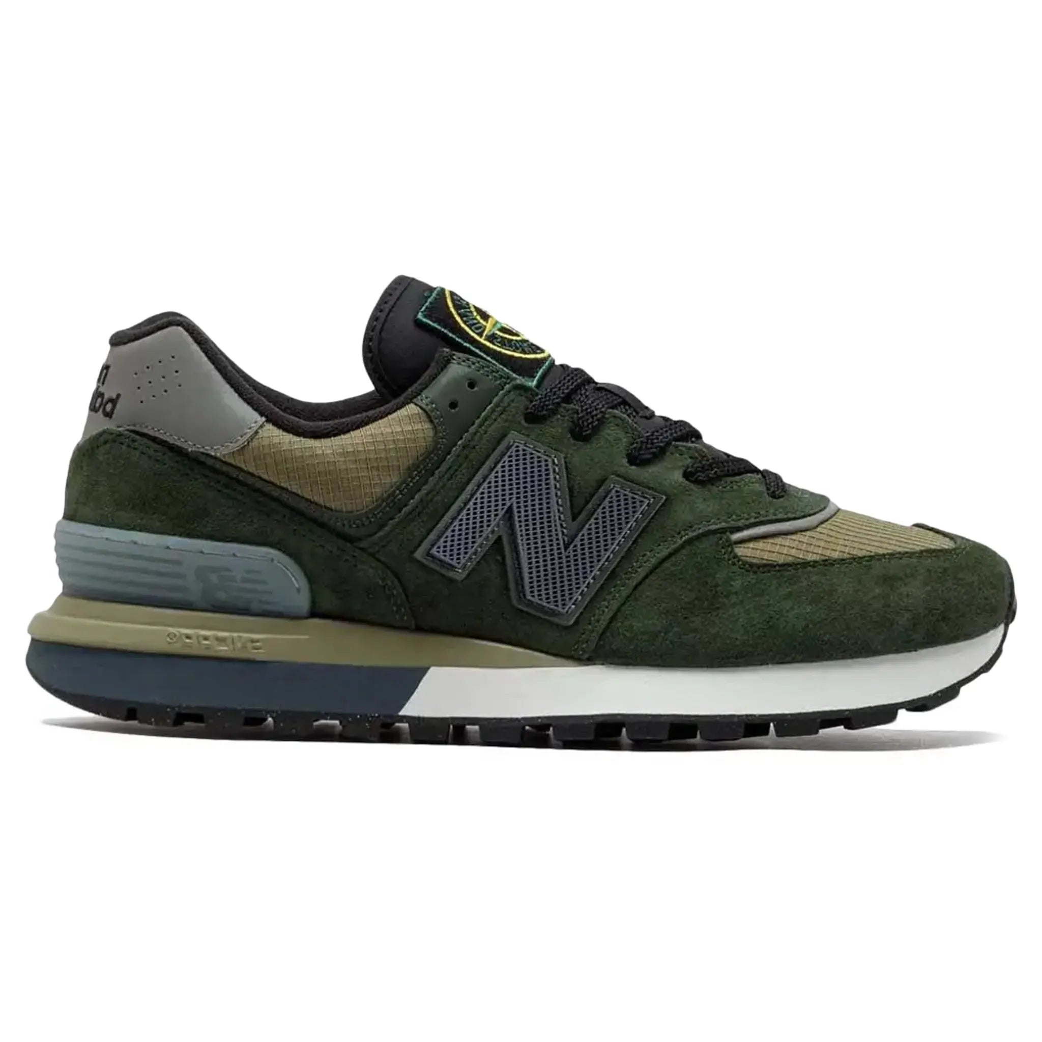 Side view of Stone Island x New Balance 574 Legacy Dark Green U574LGIL